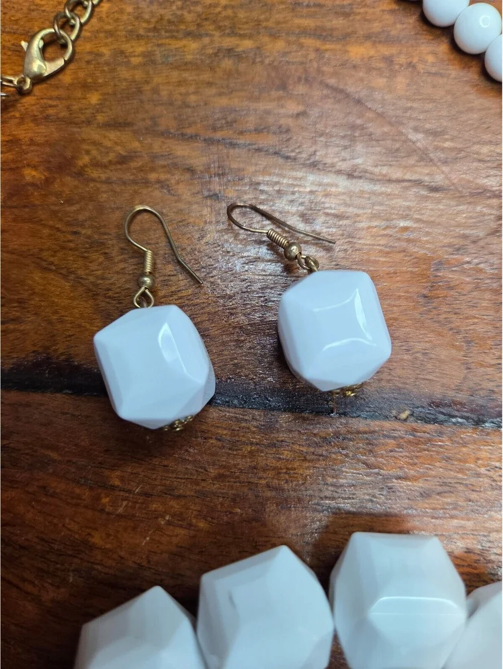 White Geometric Beaded Necklace, Bracelet and Earrings Set